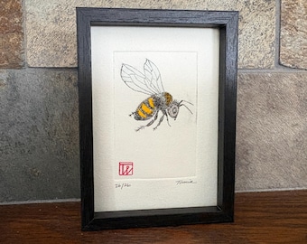 Framed bee art. Original signed intaglio bee. ACEO
