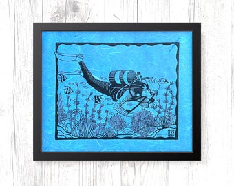 Scuba Diving Art. Scuba Diver linocut printed on blue mulberry paper. Signed and numbered.