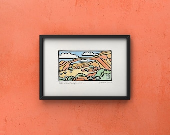 Landscape Arch Print: Moab, Arches National Park Watercolor Linocut