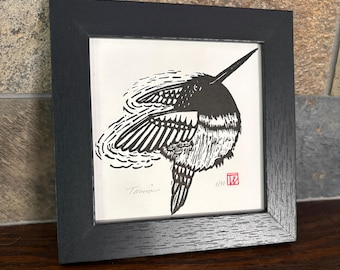 Hummingbird art in a square frame. Original signed linocut art.