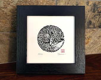 Round fox in a square frame. Original signed linocut print.