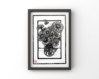 Zinnia Art, Zinnia Bouquet, 5 x 7 Zinnia Art, Under 25 Dollars, Flower Art, Zinnia Linocut, Black and White Zinnia, Original Zinnia Art