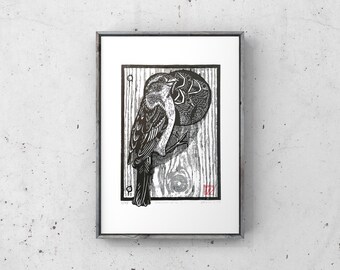 Sparrow linocut and woodcut art. 8 x 10 mother bird and baby birds art.