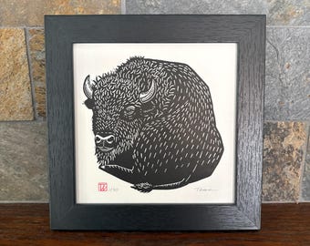 Bison/Buffalo in a square frame. Original signed linocut print.