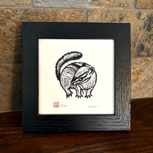 Framed round chipmunk art. Original signed linocut chipmunk.