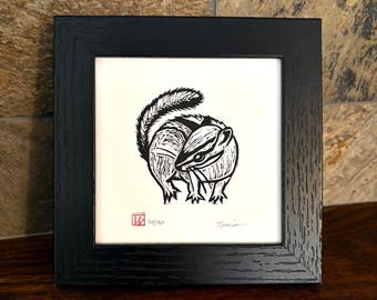 Framed round chipmunk art. Original signed linocut chipmunk.