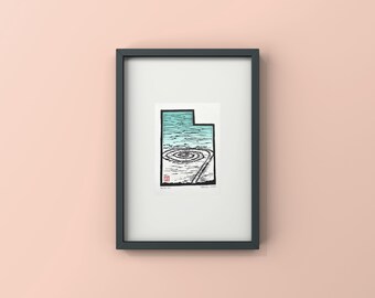 Spiral Jetty Linocut Art, Utah Landscape, 8x10 Matted Art
