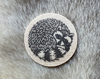 Sleeping raccoon pin. Original image printed on wood.