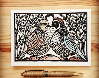 Quail card. 5 x 7 love birds art.