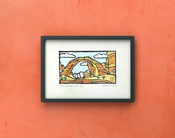 Rainbow Bridge at Lake Powell Art. Original watercolored linocut print. Signed and numbered.