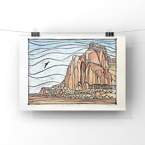 May include: A linocut print of a mountain range with a blue sky and a single bird flying overhead. The print is titled "Lake Powell - Champa Mesa" and is dated "January 2021".