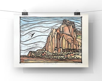 Southern Utah red rock art. Signed watercolored linocut Utah landscape.