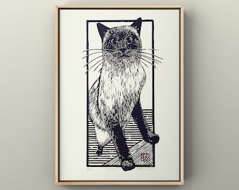 Siamese cat woodcut art. Original print made from my carving. Signed and numbered.