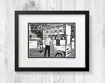 Taco truck or food truck art. Original signed and numbered linocut print.