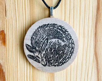 Sleeping Deer Necklace. Wood pendant can be personalized.