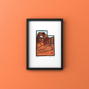 Utah Art, Delicate Arch Art, I Love Utah, Arches National Park,Travel Art, Gift for Utah Lover, Moab Art, 5 x 7 Utah Art, Linocut Landscape