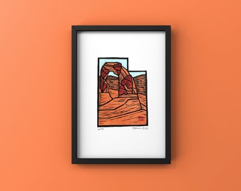 Utah Delicate Arch Art. Utah Love multi-color linocut print. Signed and numbered limited edition.