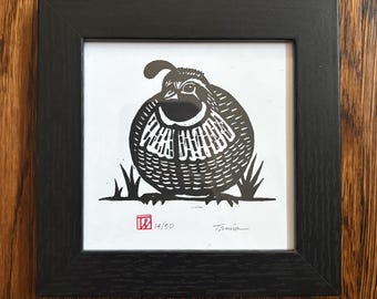 Round male quail art in square frame. Original signed linocut quail.