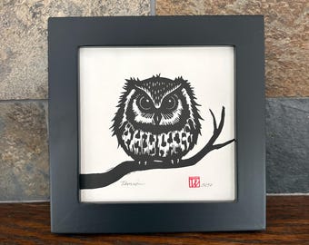 Owl in a square frame. Original signed linocut print.