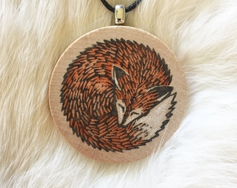 Red fox necklace. Wood pendant can be personalized. Hand-painted & hand-printed on wood.