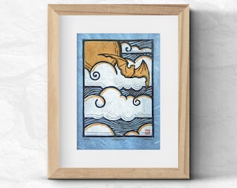 Bat and Clouds Art. Message of Happiness and Good Fortune Art. Chinese Inspired.