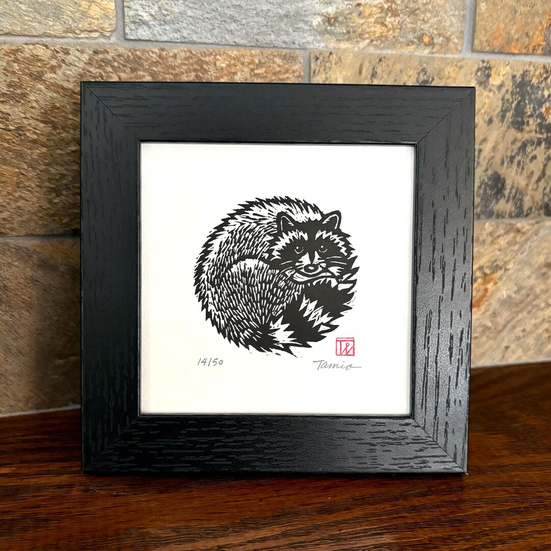 Round Raccoon in a Square Frame. Original Signed Linocut Art. - Etsy