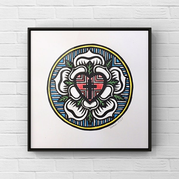 Luther Rose Art|Lutheran Print|Reformation|Martin Luther|Luther's|Watercolor|Block Print|Signed and Dated|Lutheran Seal|Confirmation|Linocut