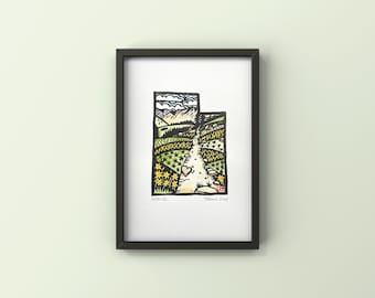 Utah Art Mountains Art. Albion Basin Wildflowers. Watercolored and hand printed linocut print. Signed & numbered.