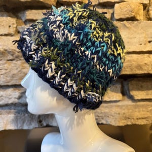 Hand Tied Crochet Beanie/Scrap Yarn Beanie/Distressed Beanie/Unisex Beanie/Eclectic Color Beanie/Upcycled Hat/Ready to Ship!
