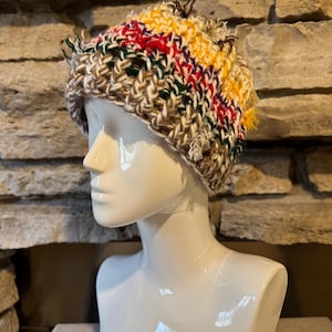 Hand Tied Crochet Beanie/Scrap Yarn Beanie/Distressed Beanie/Unisex Beanie/Eclectic Color Beanie/Upcycled Hat/Ready to Ship!
