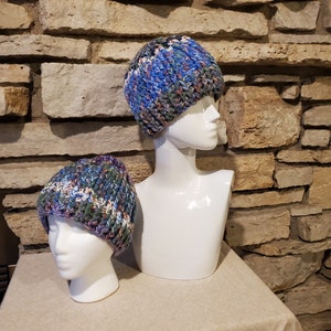 Scrap Yarn Beanie Hat or Hand Tied Beanie Hat/Scrap Yarn Hat/Unisex Beanie/Easy Care/Upcycled Hat/Ready to Ship!