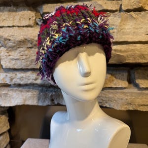 Hand Tied Crochet Beanie/Scrap Yarn Beanie/Distressed Beanie/Unisex Beanie/Eclectic Color Beanie/Upcycled Hat/Ready to Ship!