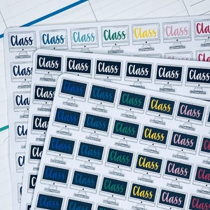 May include: A sheet of planner stickers featuring a computer monitor design and the word "Class" in various colours, including black, blue, yellow, pink, and teal. The stickers are labelled "Planner Sticker Minis Online Class" and have the product code "ST-016W".