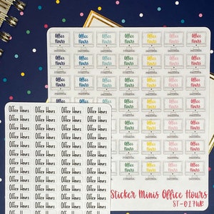 May include: A sheet of colourful computer monitor stickers with the text "Office Hours" on each monitor. The stickers are arranged in a grid pattern and are labelled "Sticker Minis Office Hours ST-017WR".