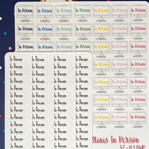 May include: A sheet of colourful stickers with the text "In Person" repeated multiple times. The stickers are in various colours, including pink, yellow, blue, and green. The stickers are arranged in a grid pattern. The text "Minis In Person ST-018WR" is printed in the bottom right corner of the sheet. The text "The Absent Minded Elephant Teacher" is printed in the bottom left corner of the sheet.