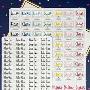 May include: A sheet of colourful stickers with the words "Class" and "Online Class" printed on them. The stickers are designed to look like computer screens and are perfect for organising and decorating planners, journals, and notebooks.