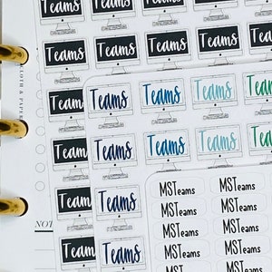 May include: A sheet of stickers with various designs featuring the word "Teams" in different colours and fonts. Some stickers have a computer monitor design, while others are oval-shaped. The text "MSTeams" is also featured on some of the stickers.