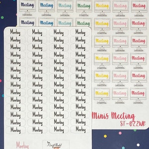May include: A sheet of colourful computer monitor stickers with the word "Meeting" printed on each one. The stickers are arranged in a grid pattern and are perfect for planners, journals, and notebooks. The sheet also includes a small sticker of an elephant with the text "The Absent Minded Elephant Teacher" and the text "Meeting Script Stickers" and "ST-029".