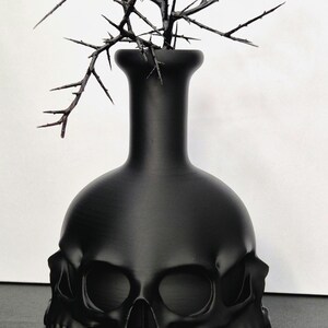 May include: A matte black vase with a skull-shaped base and a slender neck. The vase holds dark, thorny branches, creating a gothic or Halloween-themed decorative piece. The vase is likely made of ceramic or a similar material.