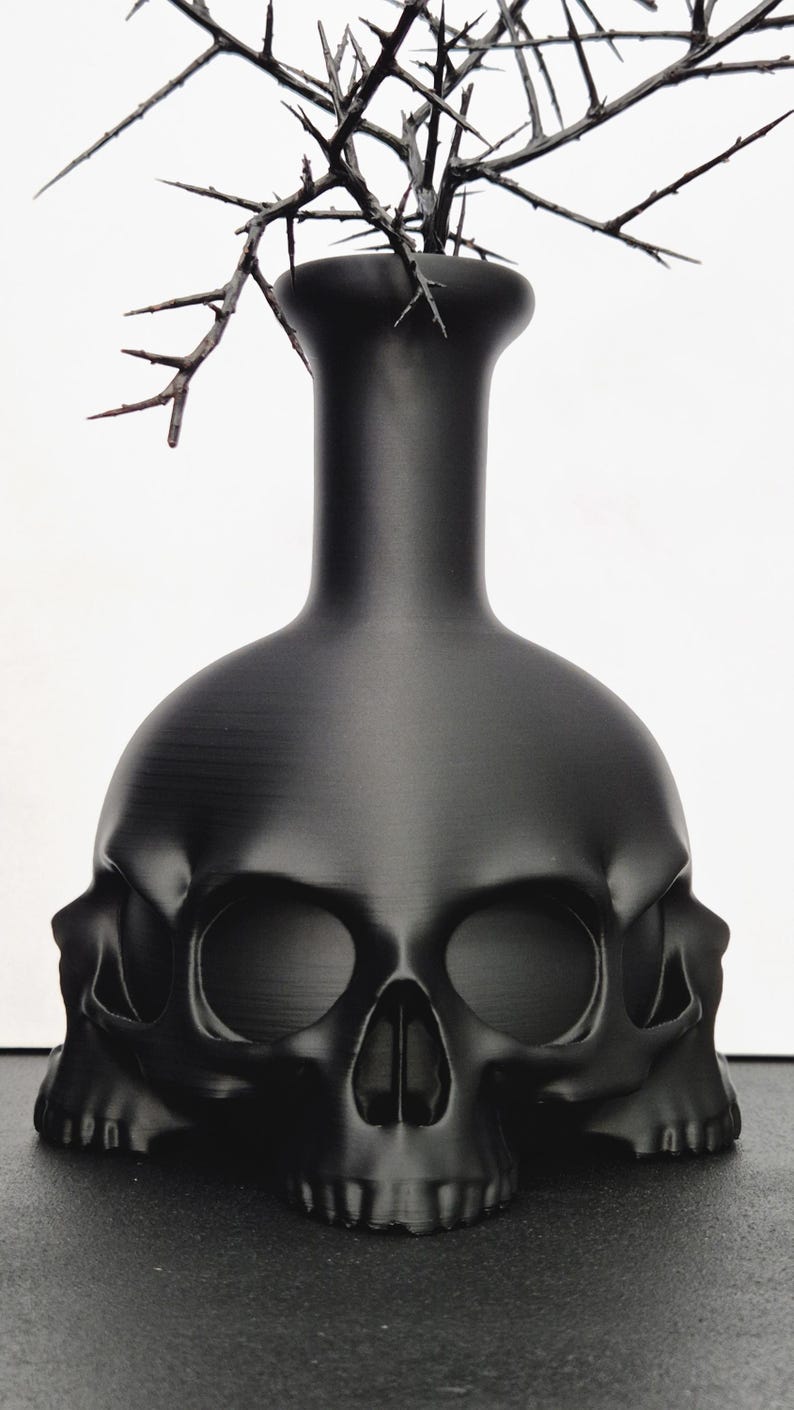 May include: A matte black vase shaped like a skull, with a long neck and a wide base. The vase holds a bundle of dark, thorny branches. The skull design features prominent eye sockets and a detailed nose and jaw.