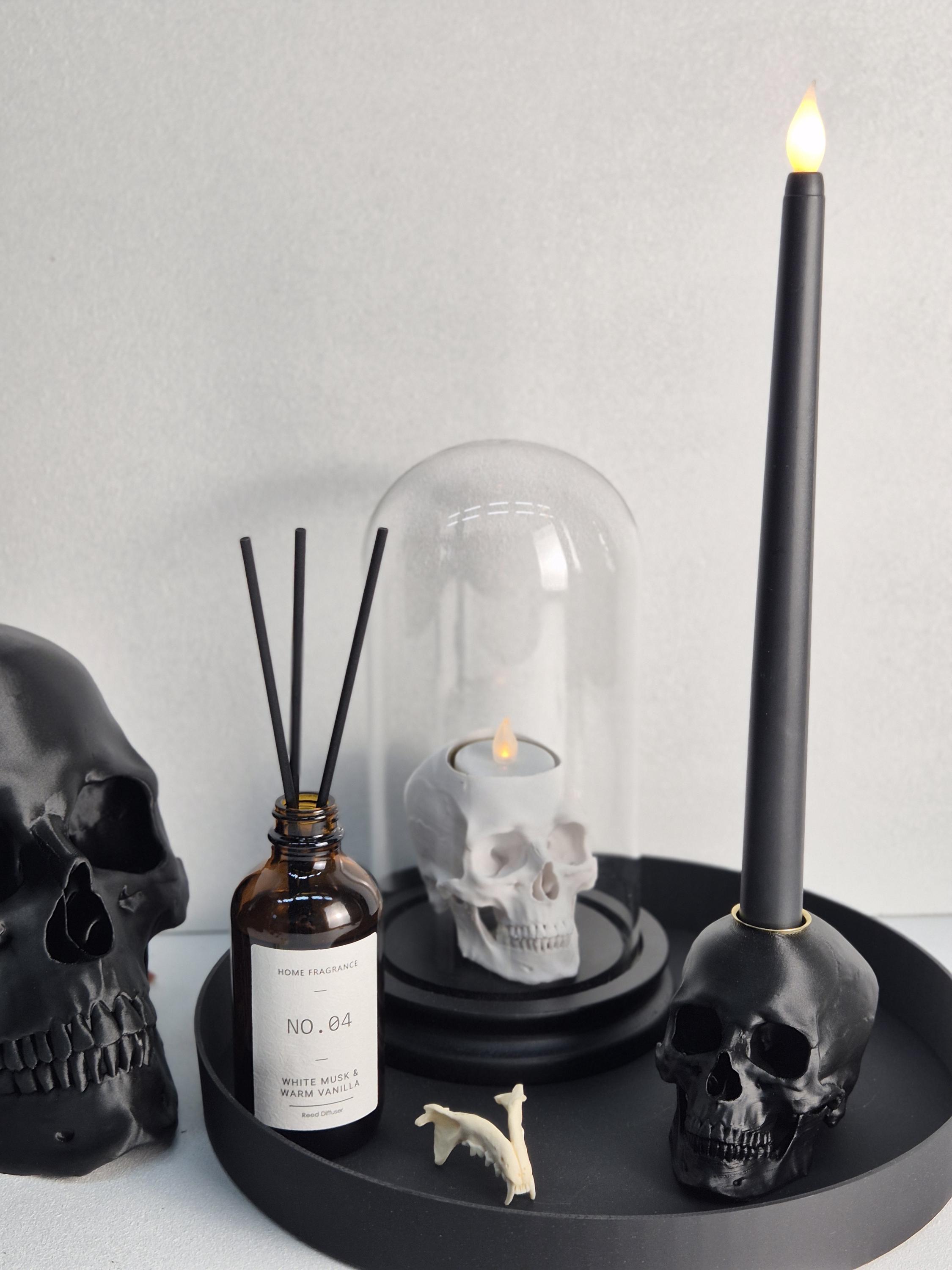 Skull Candle Holder – Gothic Human Skull Candlestick, Black or