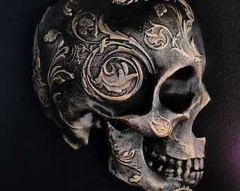 Arte mural de calavera barroca / Placa de calavera gótica / Decoración victoriana impresa en 3D en oro negro / Galería de pared gótica