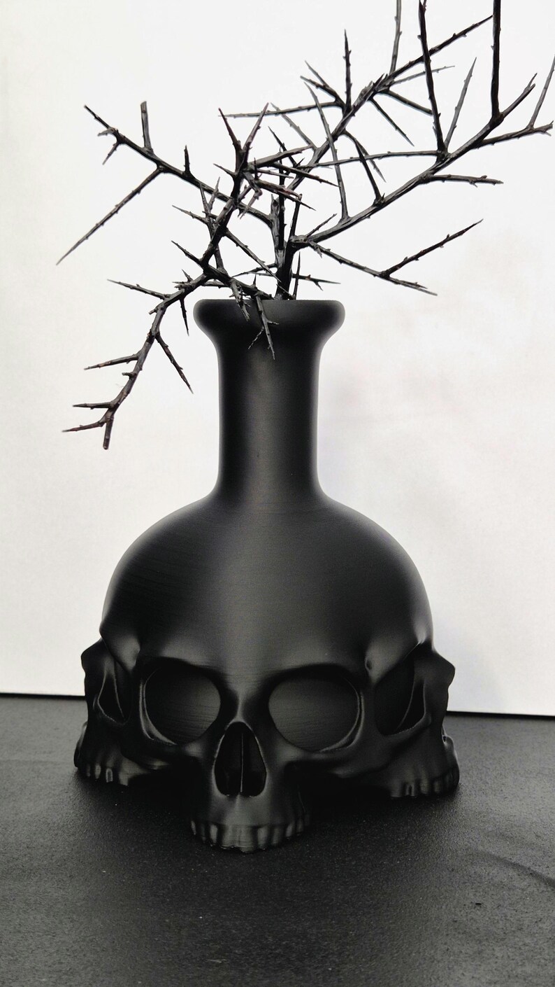 May include: A matte black vase with a skull-shaped base and a slender neck. The vase holds dark, thorny branches, creating a gothic or Halloween-themed decorative piece. The vase is likely made of ceramic or a similar material.