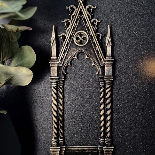 Gothic Cathedral Arch Wall Frame – 3D Printed Window Frame | Gothic Decor, Black or Hand Painted Gold/Silver | Gothic Revival Shelf Accent