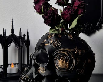 Gotisk dödskallevas "Immortelle" – 3D-tryckt viktoriansk barockvas för torkade blommor, mörk heminredning, makaber gåva