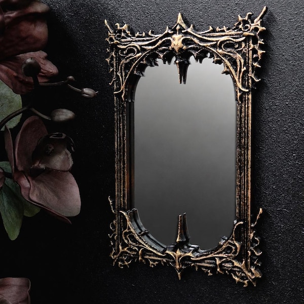 Gothic Thorn Mirror, Real Glass Baroque Wall Mirror, Black Gold Victorian Decor, Gothic Home Decor, Dark Vanity Mirror