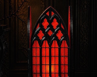 Gothic Lantern “Santa Sangre”, Cathedral Window LED Candle Holder, Red Stained Glass Style Lamp, Black or Bronze 3D Printed Decor