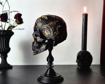 Gothic Skull Decor – Baroque Victorian Filigree Human Skull Replica, Black White Gold Silver, 3D Printed Gothic Home Decor