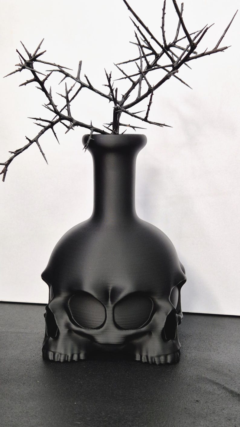 May include: A matte black vase shaped like a skull, with eye sockets and a detailed lower jaw. The vase holds a dark, thorny branch. The background is a plain white surface.