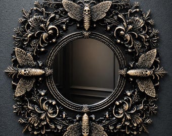 Gothic Death Moth Mirror, Real Glass Black Baroque Wall Mirror, 3D Printed Victorian Gothic Decor, Small Ornate Mirror